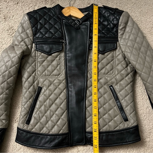 BCBGMAXAZRIA 'Keith' Quilted Lamb Leather Moto Jacket (Black/Taupe) Small $998 - Picture 8 of 9